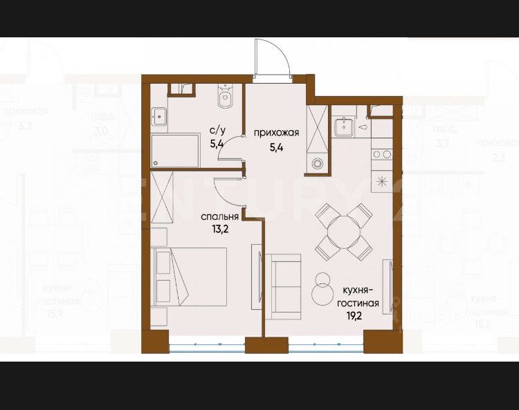 Продаётся 1-комнатная квартира, 42.5 м²