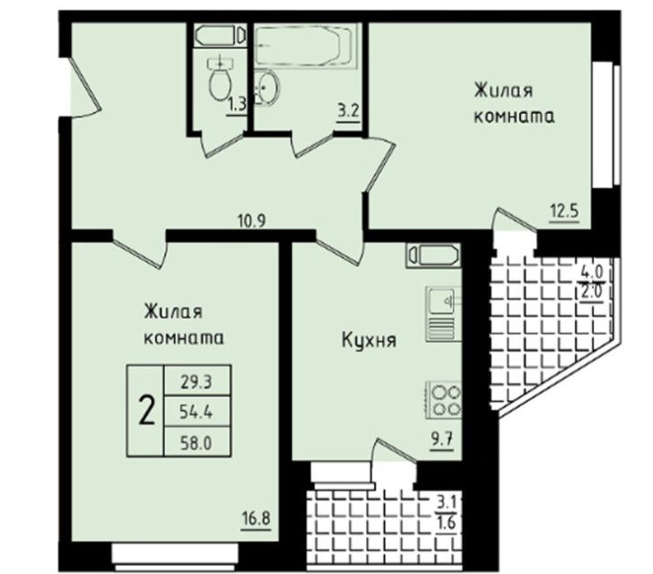 Продаётся 2-комнатная квартира, 54.5 м²