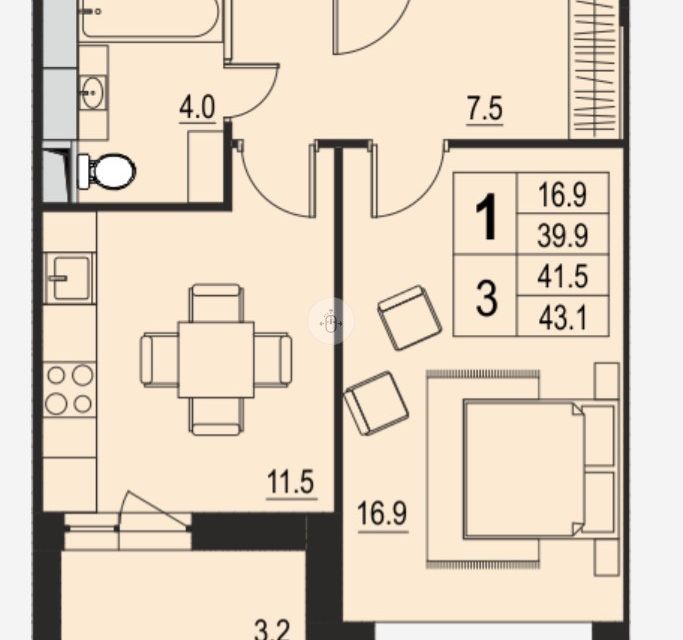 Продаётся 1-комнатная квартира, 39.9 м²