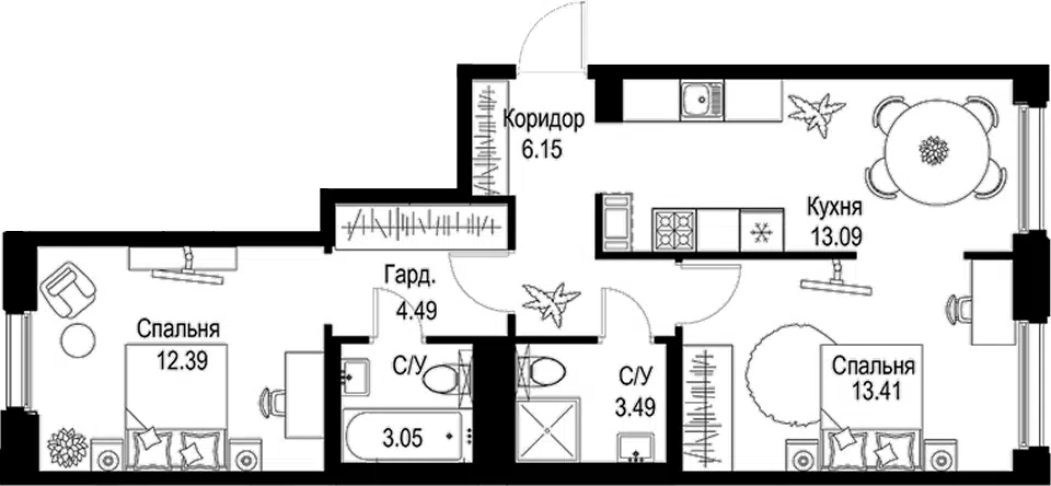 Продаётся 2-комнатная квартира, 56.07 м²