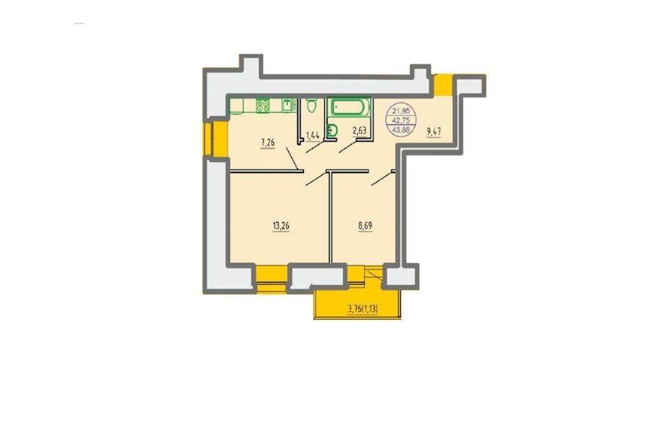 Продаётся 2-комнатная квартира, 43 м²