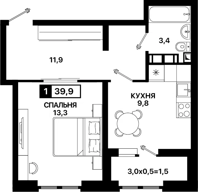 Продаётся 1-комнатная квартира, 40 м²