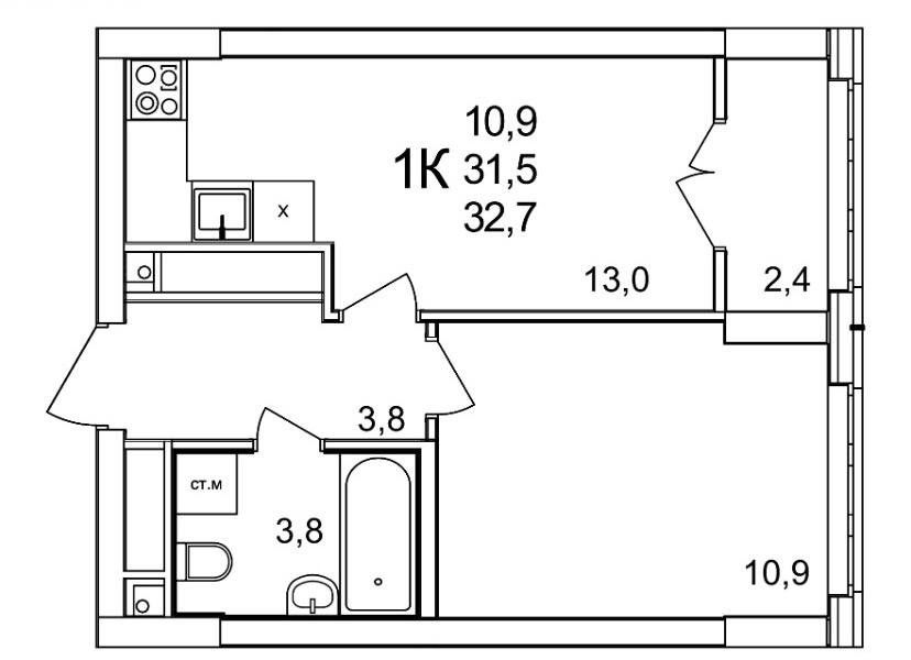 Продаётся 1-комнатная квартира, 32.7 м²