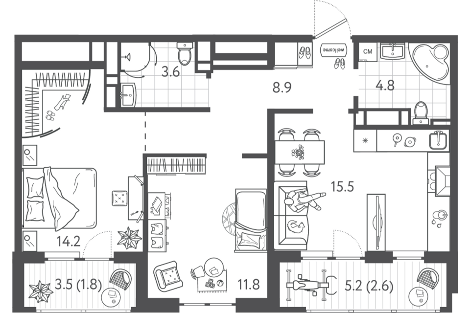 Продаётся 2-комнатная квартира, 59.2 м²