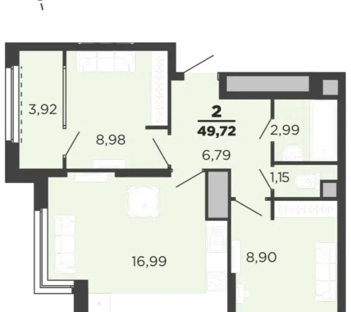 Продаётся 2-комнатная квартира, 49.7 м²