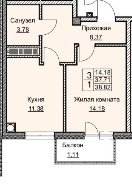 Продаётся 1-комнатная квартира, 37.9 м²
