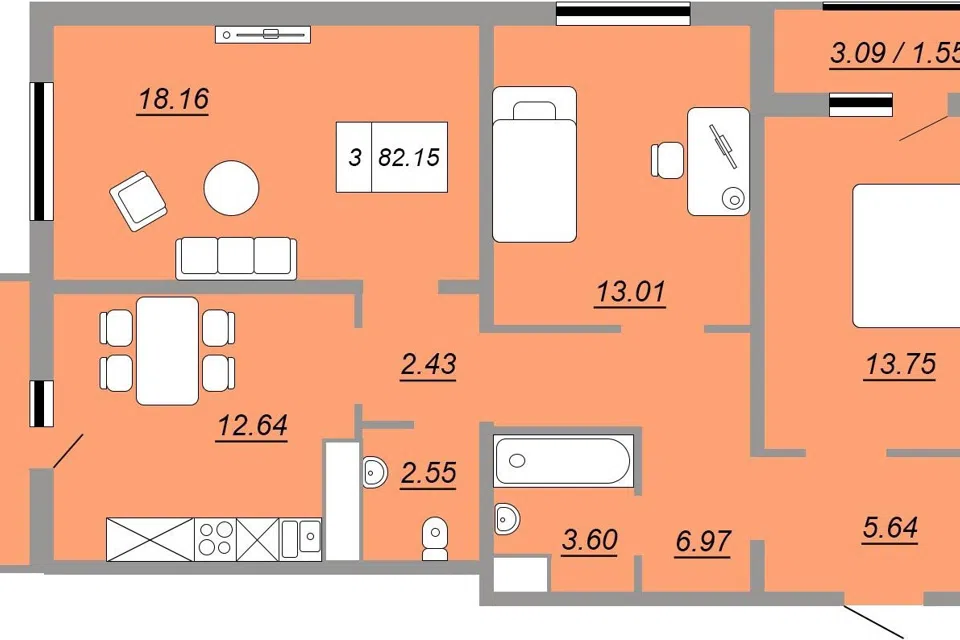 Продаётся 3-комнатная квартира, 78.1 м²
