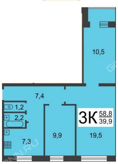 Продаётся 3-комнатная квартира, 59 м²