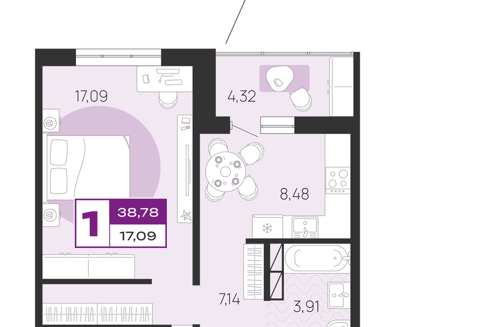 Продаётся 1-комнатная квартира, 38.78 м²