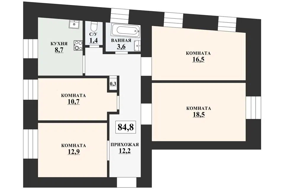 Продаётся 4-комнатная квартира, 84.8 м²