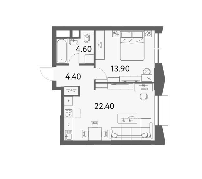 Продаётся 1-комнатная квартира, 45.3 м²