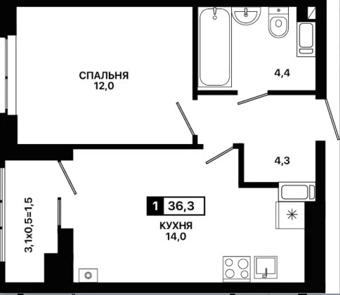 Продаётся 1-комнатная квартира, 36 м²