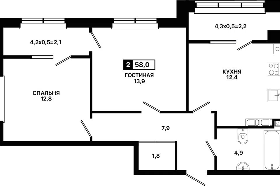 Продаётся 2-комнатная квартира, 58 м²
