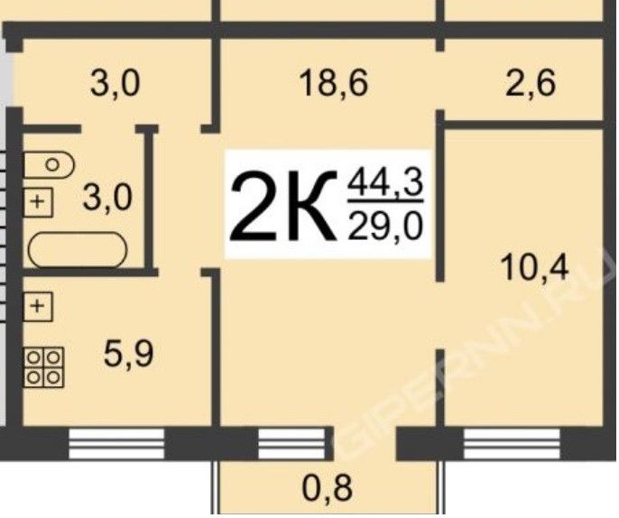 Продаётся 2-комнатная квартира, 44.4 м²