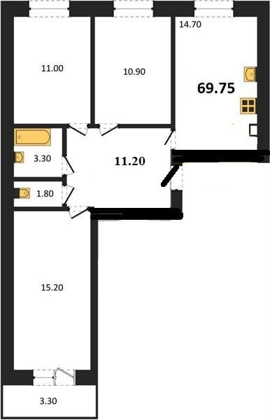 Продаётся 3-комнатная квартира, 69.75 м²