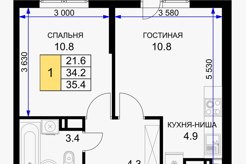 Продаётся 1-комнатная квартира, 38.3 м²