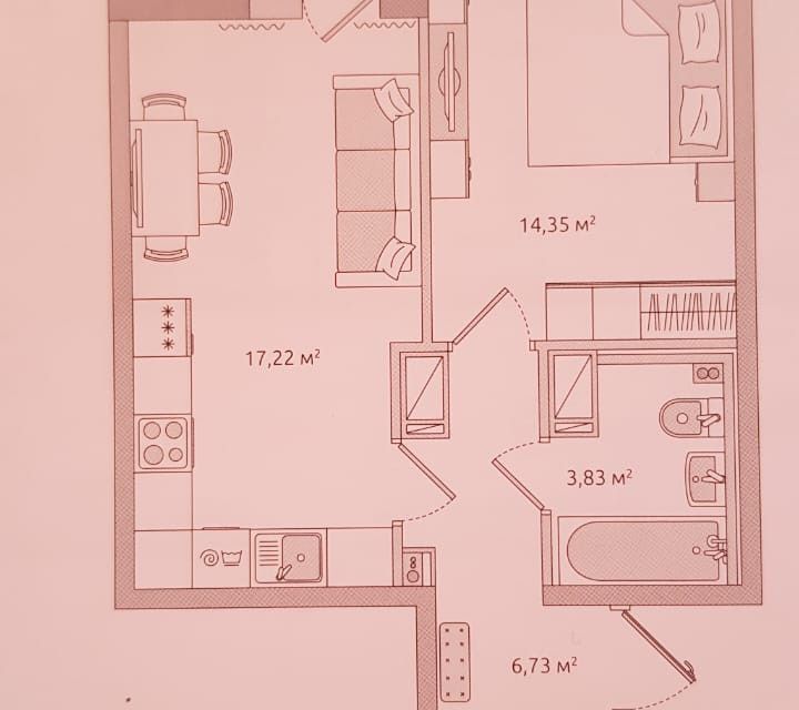 Продаётся 1-комнатная квартира, 44.88 м²