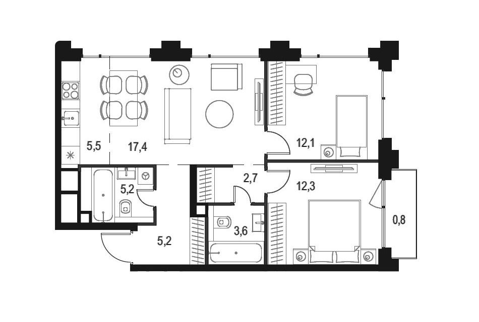 Продаётся 2-комнатная квартира, 62.1 м²