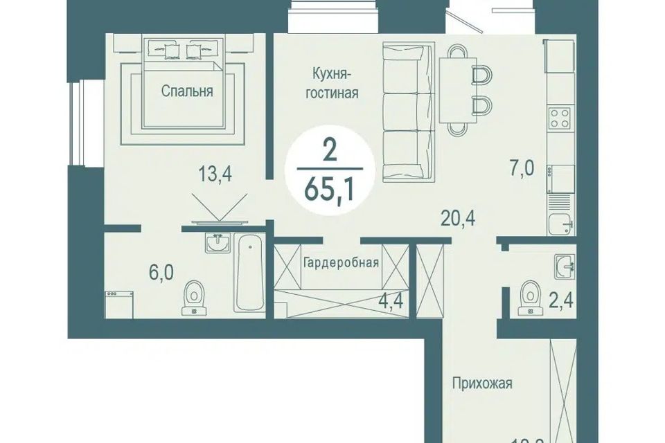 Продаётся 1-комнатная квартира, 65.1 м²