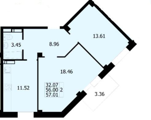 Продаётся 2-комнатная квартира, 57.01 м²