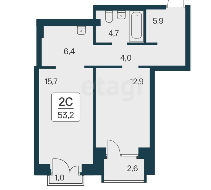 Продаётся 1-комнатная квартира, 53.2 м²