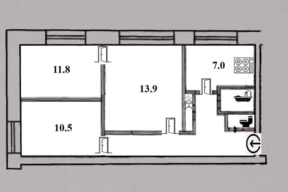Продаётся 3-комнатная квартира, 55.6 м²