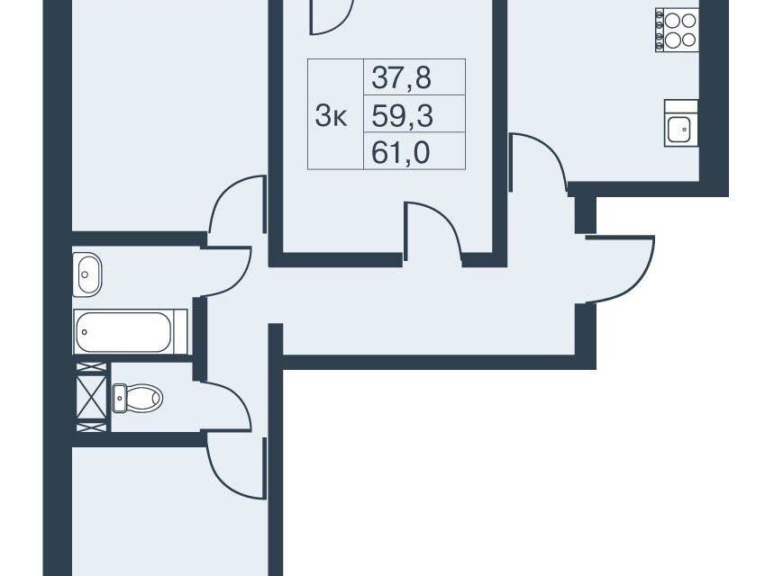 Продаётся 3-комнатная квартира, 59.3 м²