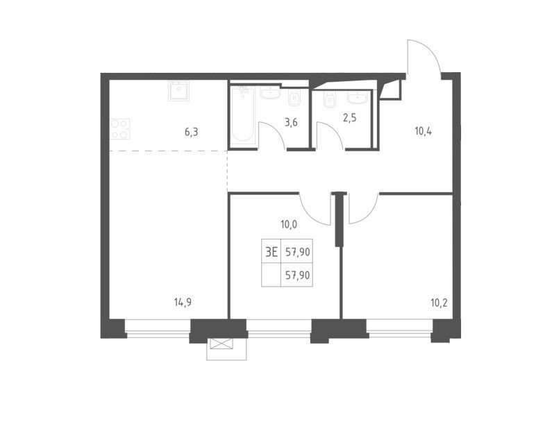Продаётся 2-комнатная квартира, 57.9 м²