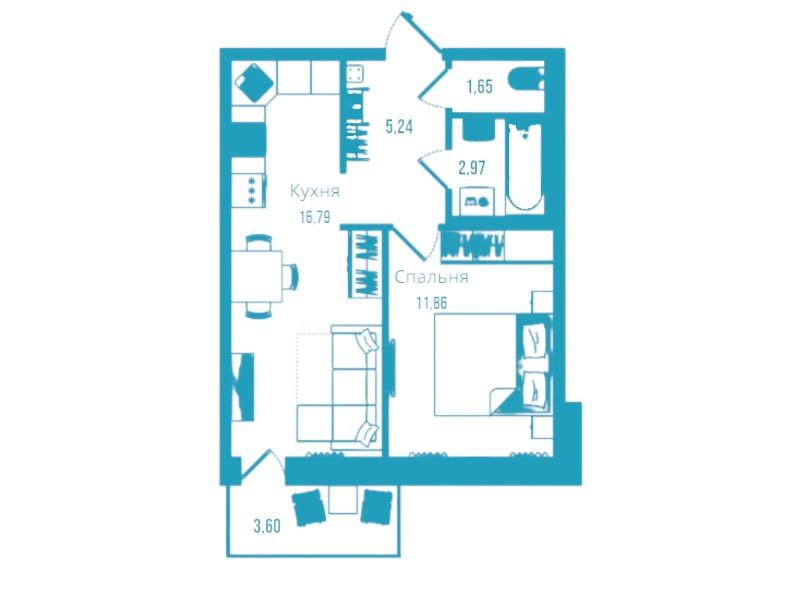 Продаётся 1-комнатная квартира, 38.45 м²