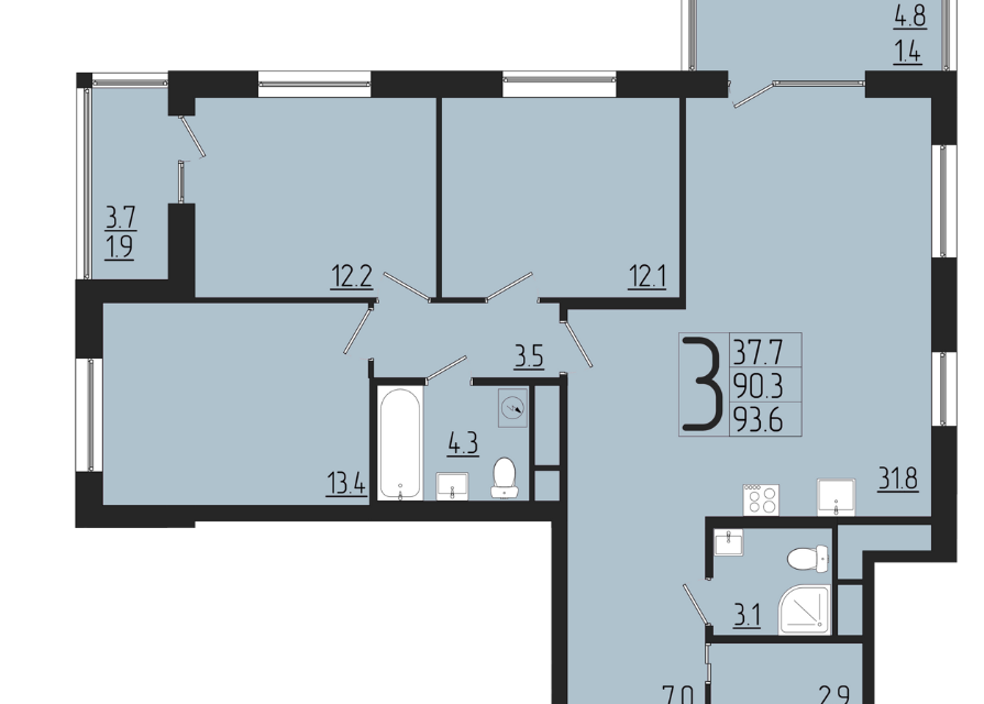 Продаётся 3-комнатная квартира, 93.6 м²