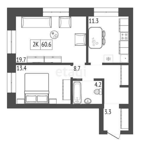 Продаётся 2-комнатная квартира, 60.6 м²