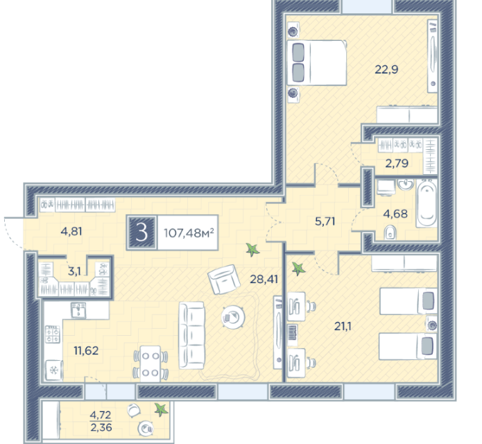 Продаётся 2-комнатная квартира, 107.5 м²