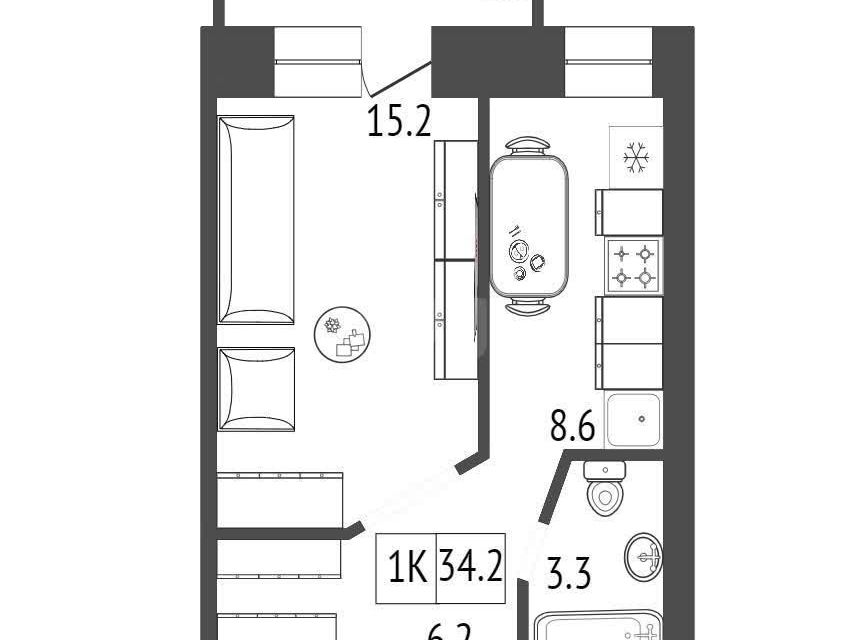 Продаётся 1-комнатная квартира, 34.2 м²