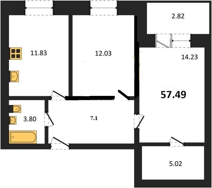 Продаётся 2-комнатная квартира, 57.5 м²