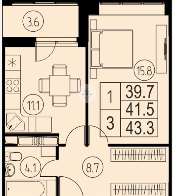 Продаётся 1-комнатная квартира, 39.7 м²