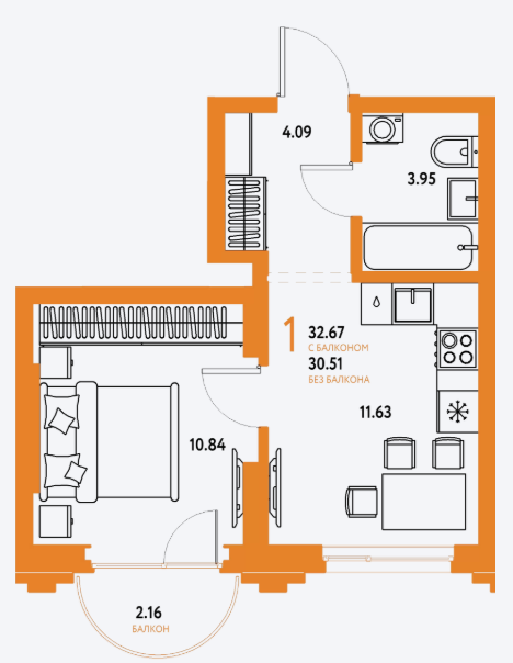 Продаётся 1-комнатная квартира, 32.7 м²