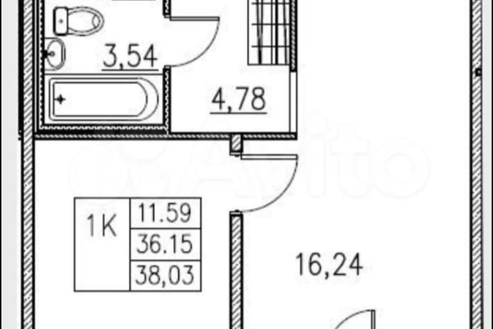 Продаётся 1-комнатная квартира, 38.1 м²