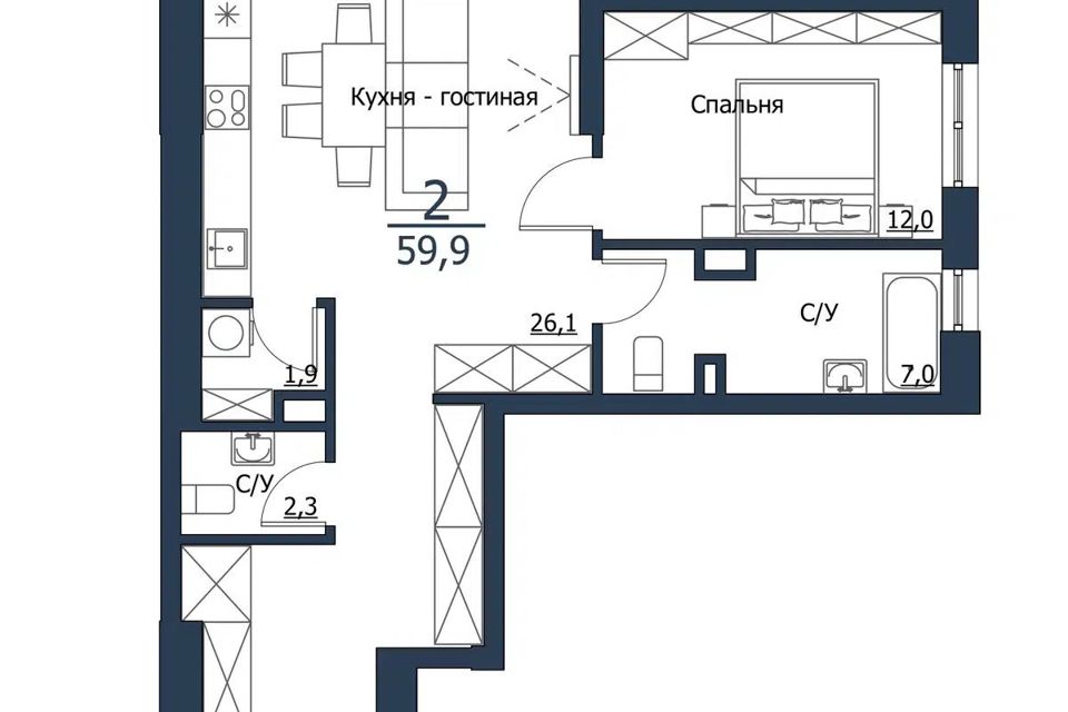 Продаётся 2-комнатная квартира, 59.9 м²