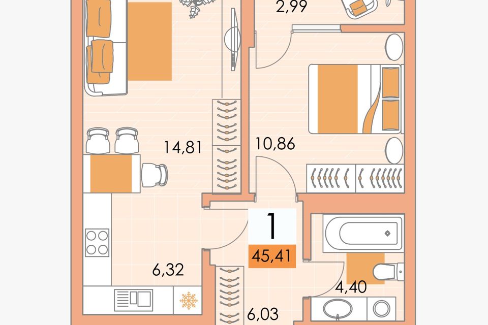 Продаётся 1-комнатная квартира, 45.3 м²