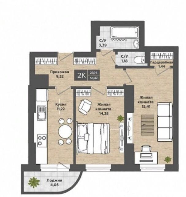 Продаётся 2-комнатная квартира, 58.42 м²