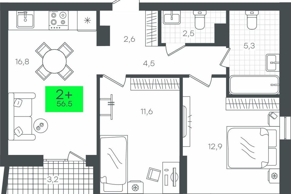 Продаётся 2-комнатная квартира, 58.21 м²