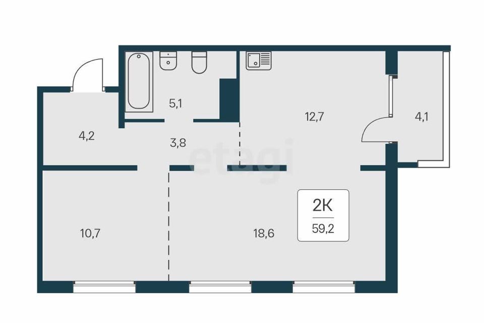Продаётся 2-комнатная квартира, 59.2 м²