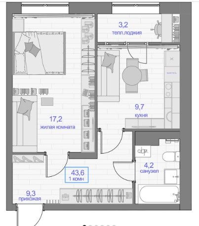 Продаётся 1-комнатная квартира, 43.9 м²