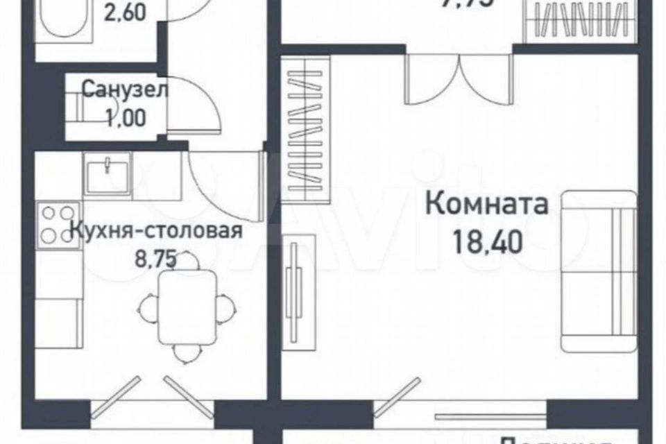 Продаётся 1-комнатная квартира, 40.3 м²