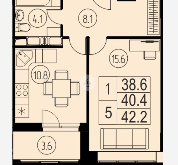 Продаётся 1-комнатная квартира, 44.3 м²
