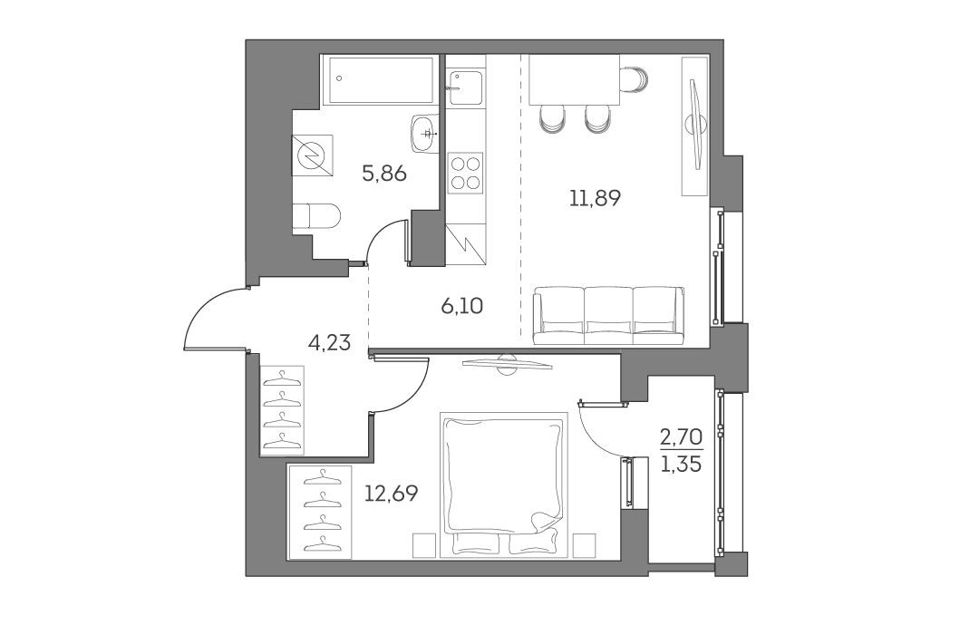 Продаётся 1-комнатная квартира, 42.12 м²