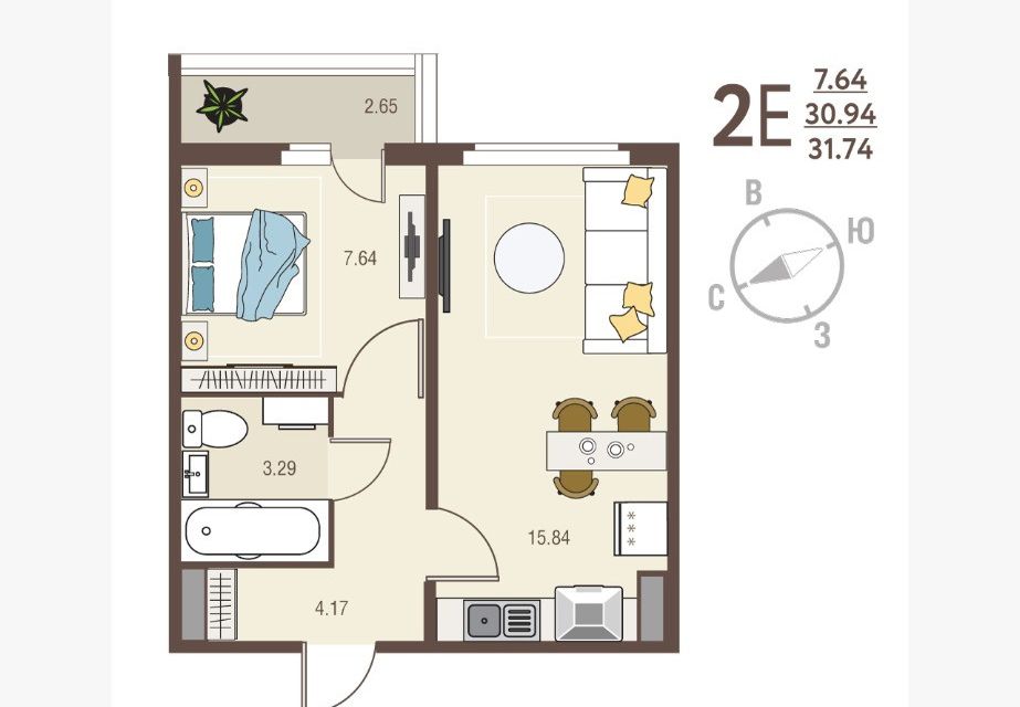 Продаётся 1-комнатная квартира, 31.74 м²