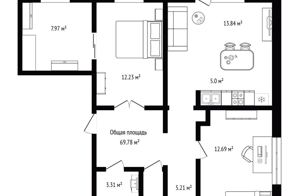 Продаётся 2-комнатная квартира, 69.78 м²