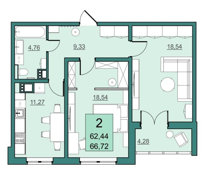 Продаётся 2-комнатная квартира, 62.5 м²