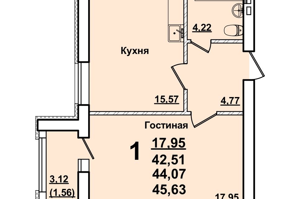Продаётся 1-комнатная квартира, 42.5 м²